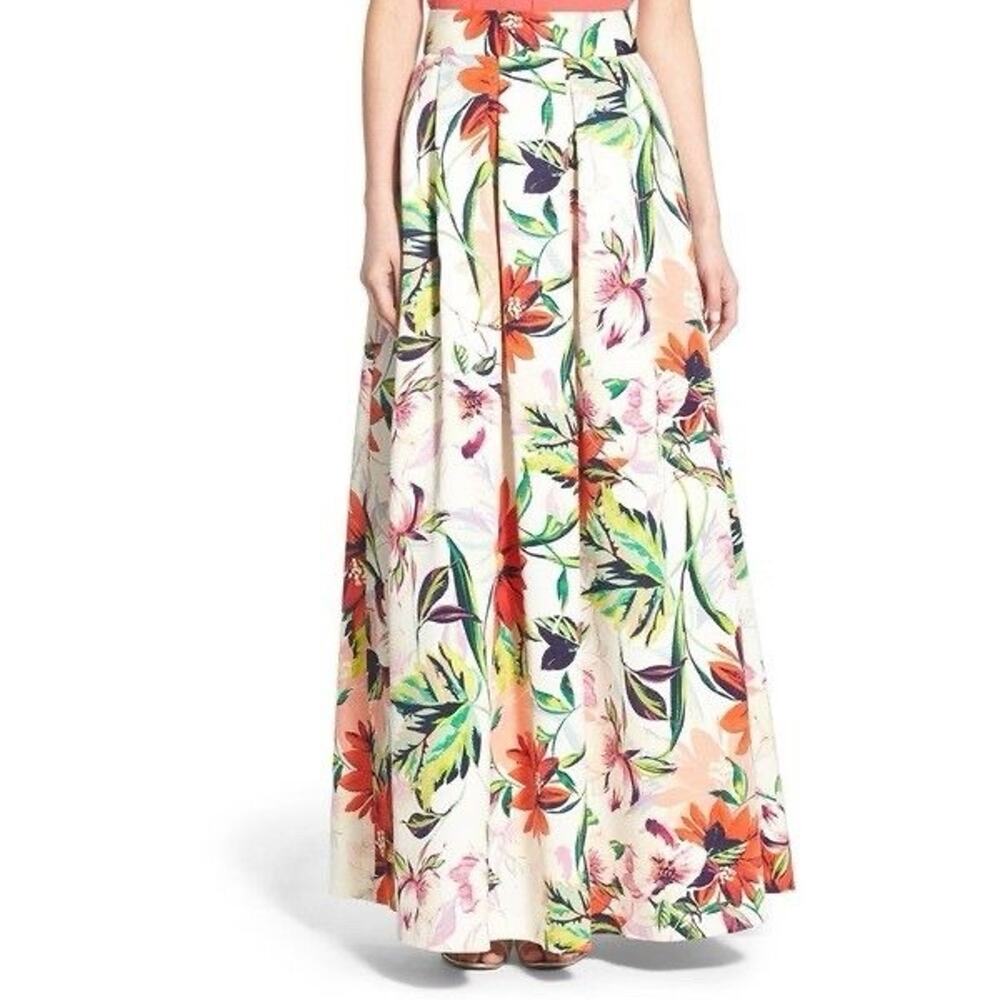 Eliza J Floral Print Faille Ball Maxi Floral Skirt White Red 12